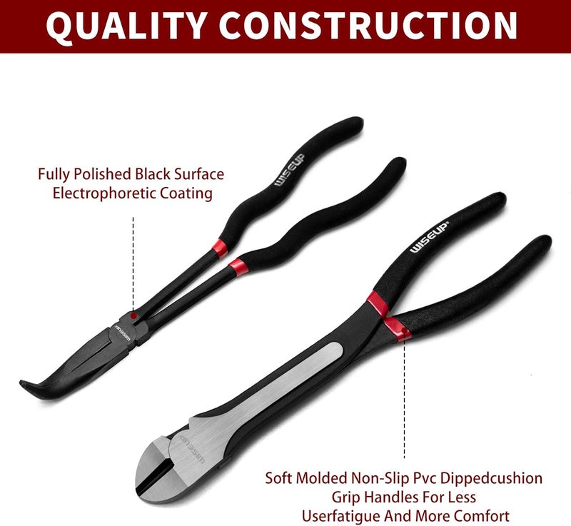 WISEUP 5Pcs Long Needle Nose Pliers Set ，Premium Carbon Steel，11" Long Reach Straight ，45° Bent Nose ，90° Bent Nose Plier，Diagonal Pliers for Narrow Spaces - Image 4